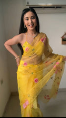 Shining Organza Silk Yellow Color Flower Design Ready To Wear Saree