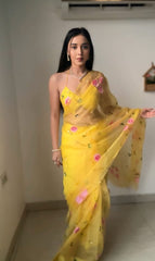 Shining Organza Silk Yellow Color Flower Design Ready To Wear Saree