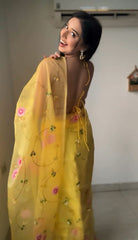 Shining Organza Silk Yellow Color Flower Design Ready To Wear Saree