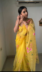 Shining Organza Silk Yellow Color Flower Design Ready To Wear Saree