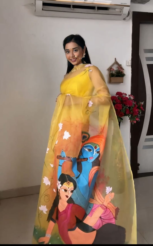 Awesome Yellow Color Radha Krishna Design Ready To Wear Saree