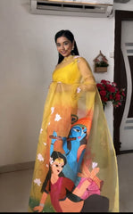 Awesome Yellow Color Radha Krishna Design Ready To Wear Saree