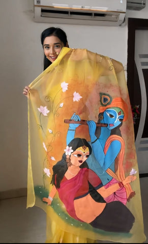 Awesome Yellow Color Radha Krishna Design Ready To Wear Saree