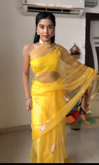 Awesome Yellow Color Radha Krishna Design Ready To Wear Saree