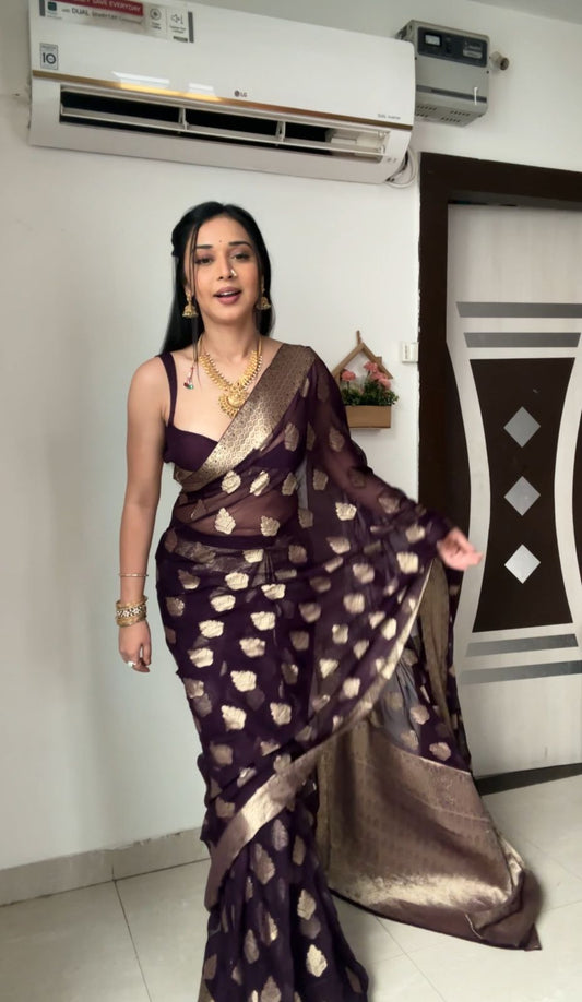 Black Color Jacquard Work Ready To Wear Saree