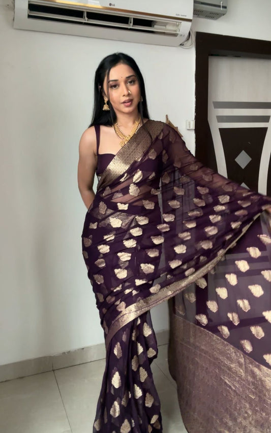 Black Color Jacquard Work Ready To Wear Saree