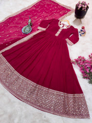 Stunning Embroidery Sequence Work Pink Color Gown