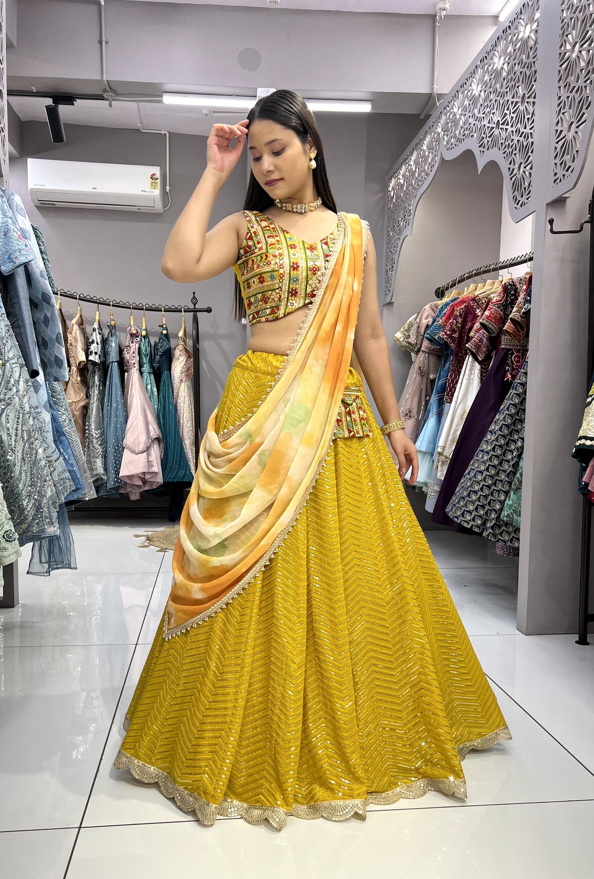 Luxuriant Heavy Embroidery Thread Yellow Color Lehenga Choli