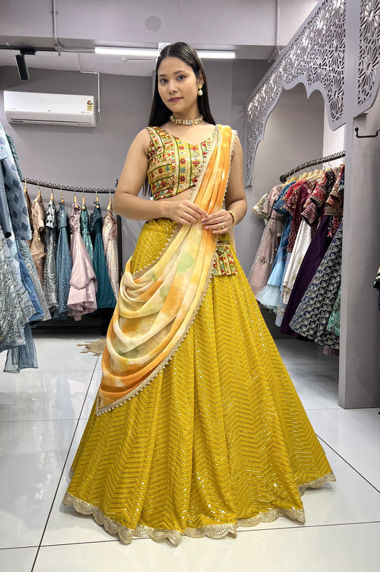 Luxuriant Heavy Embroidery Thread Yellow Color Lehenga Choli