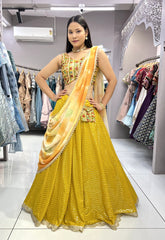 Luxuriant Heavy Embroidery Thread Yellow Color Lehenga Choli