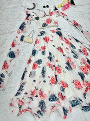 Flower Print White Color Fancy Sleeve Lehenga Choli