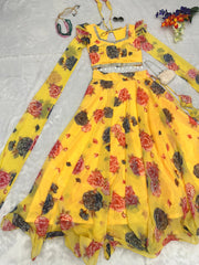 Flower Print Yellow Color Fancy Sleeve Lehenga Choli