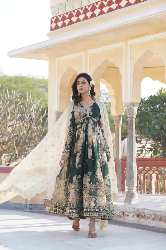 Marvelous Embroidery Work Digital Print Green Gown