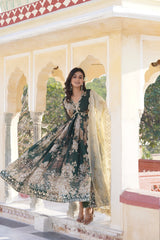 Marvelous Embroidery Work Digital Print Green Gown