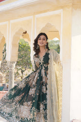 Marvelous Embroidery Work Digital Print Green Gown