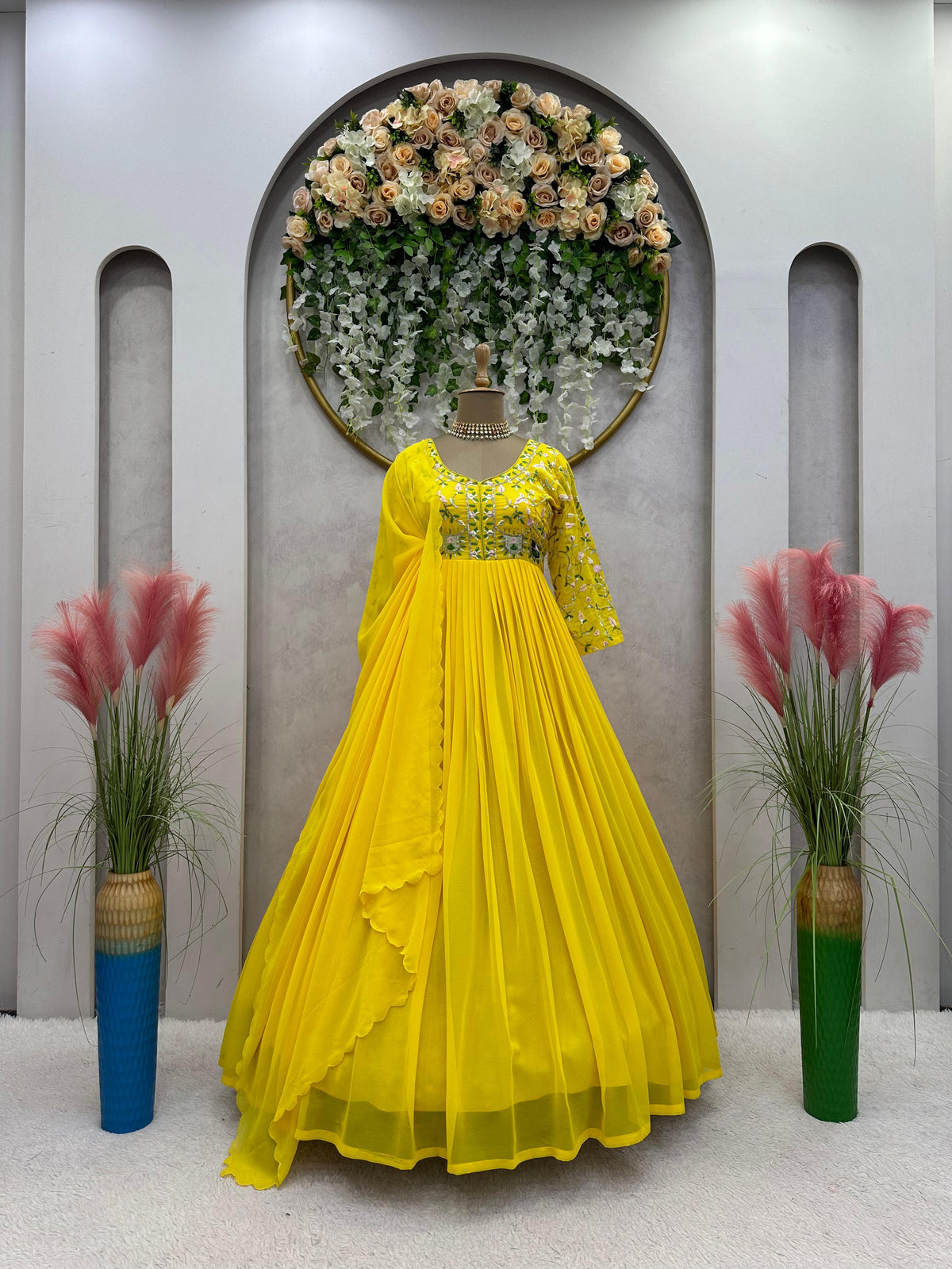 Yellow Color Thread Work Festive Wear Gown