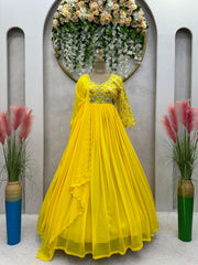 Yellow Color Thread Work Festive Wear Gown