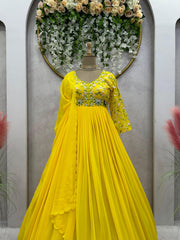 Yellow Color Thread Work Festive Wear Gown