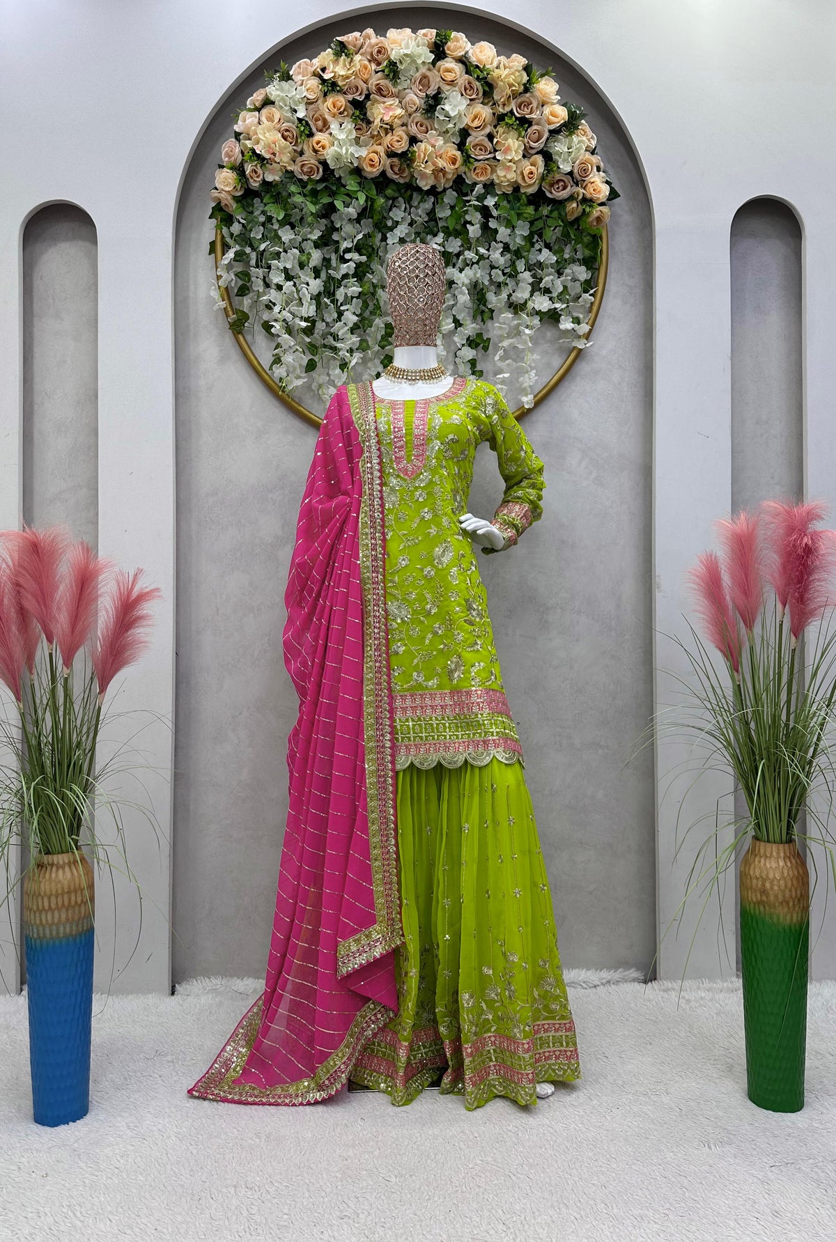 Fantastic Thread With Sequence Perrot Color Sharara Suit