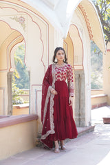 Festive Wear Red Color Jacquard Work Gown