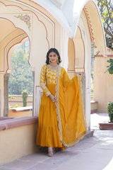 Festive Wear Yellow Color Jacquard Work Gown