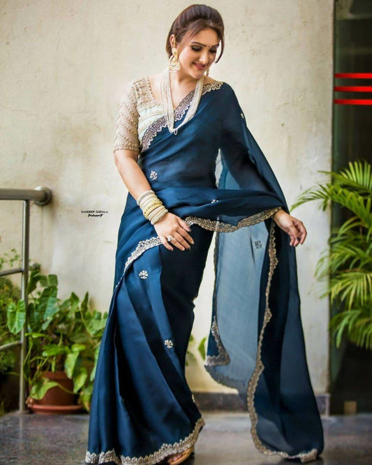 Precious  Embroidery Design Georgette Silk Blue Color Saree