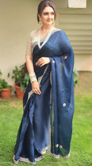 Precious  Embroidery Design Georgette Silk Blue Color Saree