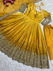 Charming Embroidery Work Yellow Color Gown