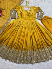 Charming Embroidery Work Yellow Color Gown