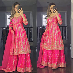 Alluring Embroidery Sequence Work Pink Color Sharara suit