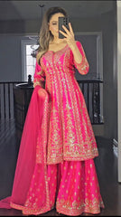 Alluring Embroidery Sequence Work Pink Color Sharara suit