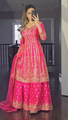 Alluring Embroidery Sequence Work Pink Color Sharara suit