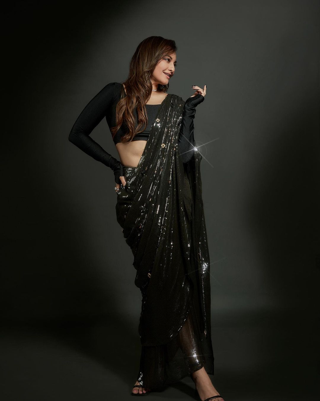 Sonakashi Sinha Bollywood Style Black Sequences Work Color Saree