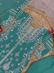 Mesmerizing Embroidery Sequence Work Rama Color Anarkali Suit