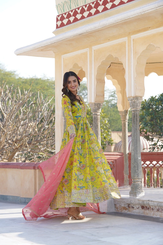 Fantastic Embroidery Zari Sequins Work Yellow Color Gown