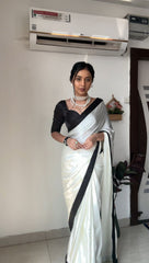 Embellished  Pure Soft Sattin Silk Ready To Wear White Color Saree