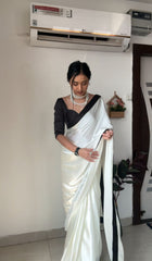 Embellished  Pure Soft Sattin Silk Ready To Wear White Color Saree