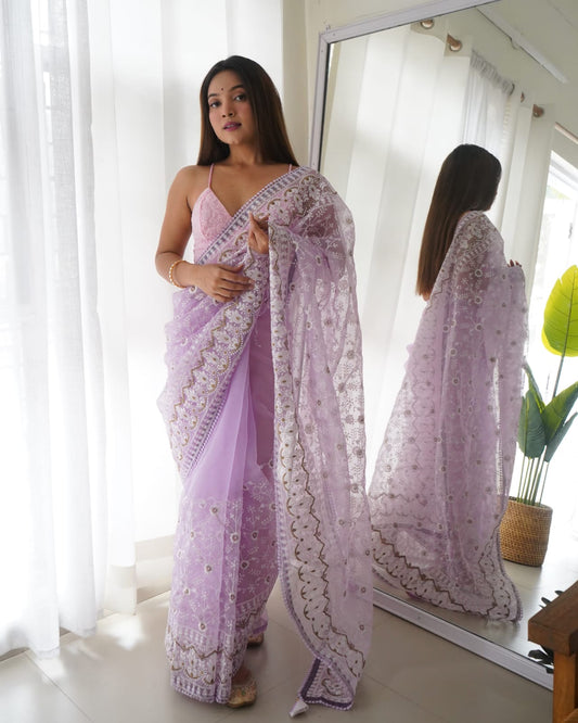 Party Wear Organza Silk Light Purple Color Saree