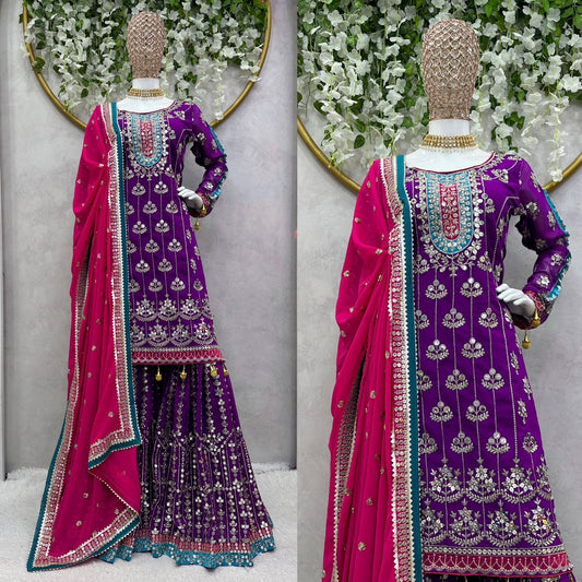 Alluring Sequence Work Purple Color Sharara Suit