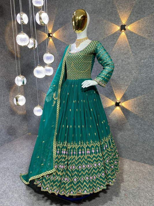 Embellished  Green Color Embroidery Sequence Work Gown