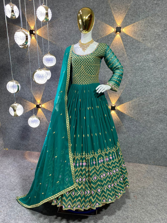 Embellished  Green Color Embroidery Sequence Work Gown