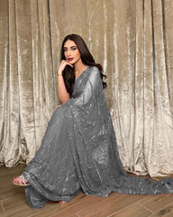 Presenting Georgette Embellished Grey Color Saree