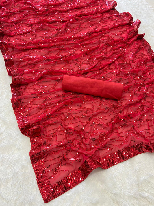 Presenting Georgette Embellished Red Color Saree