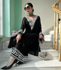 Alluring Chine Stitched Work Black Color Plazzo Suit