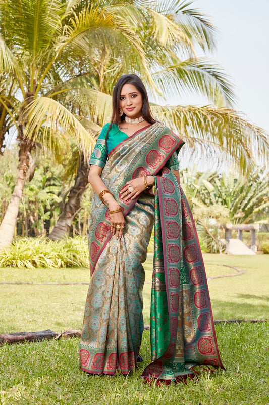 Embellished  Kanjivaram Soft Silk Rama Color Saree