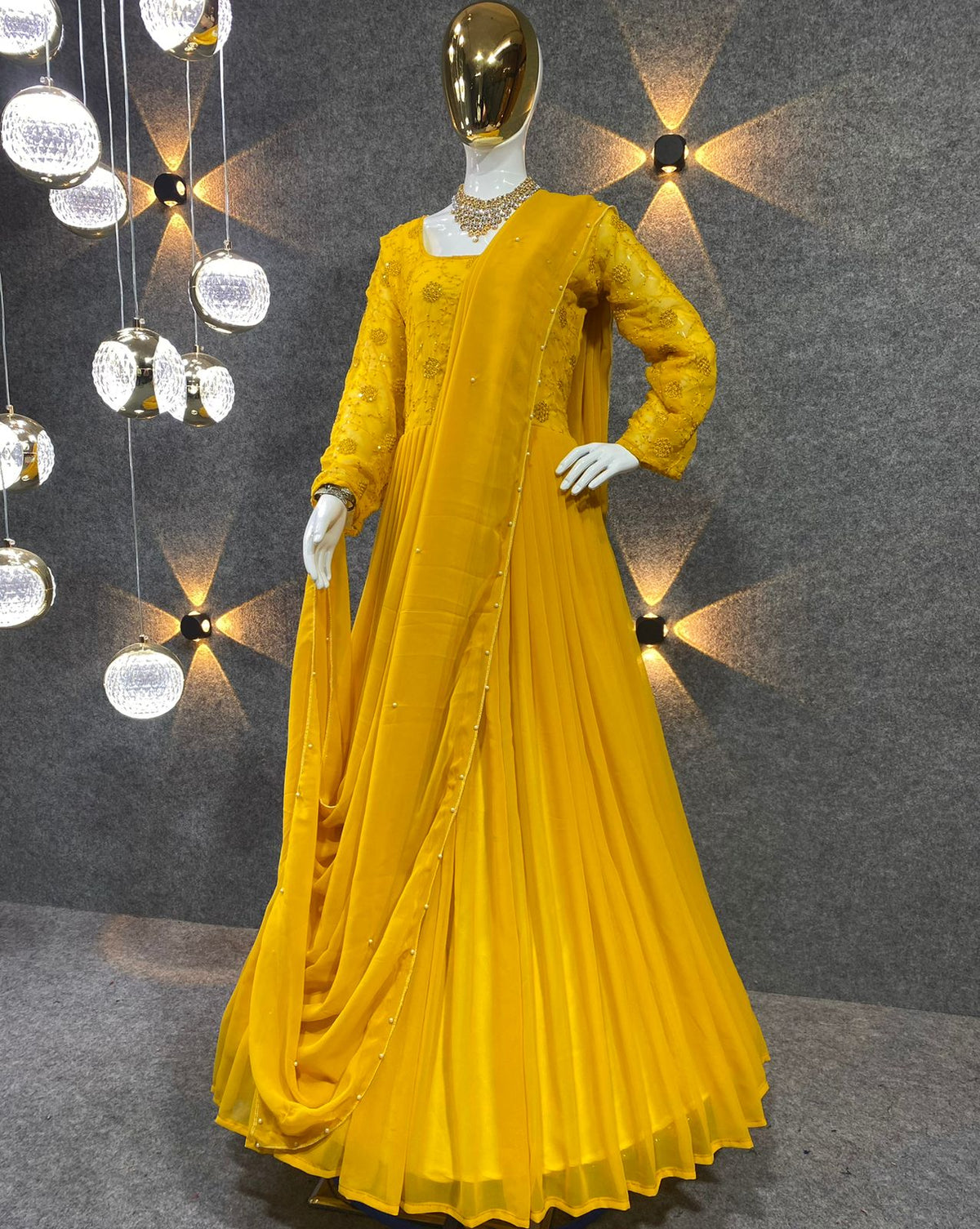 Beautiful Sequences Work Yellow Color Gown