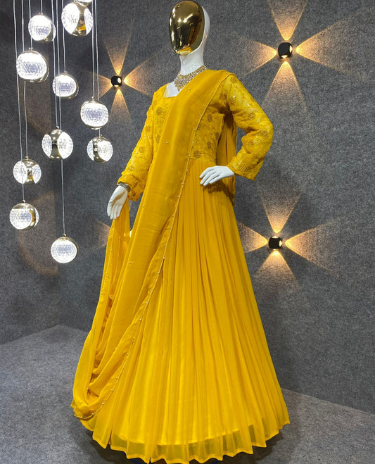 Beautiful Sequences Work Yellow Color Gown