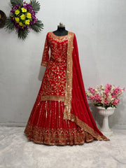 Embellished Red Color Embroidery Sequence Work Top With Lehenga Choli