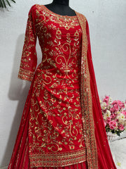 Embellished Red Color Embroidery Sequence Work Top With Lehenga Choli