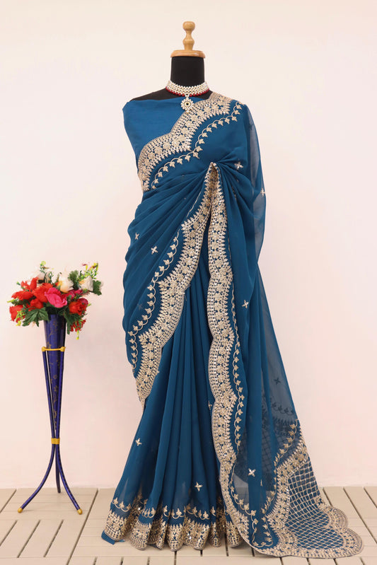 Awesome Embroidery Work Blue Color Saree